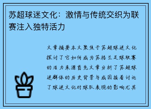 苏超球迷文化：激情与传统交织为联赛注入独特活力